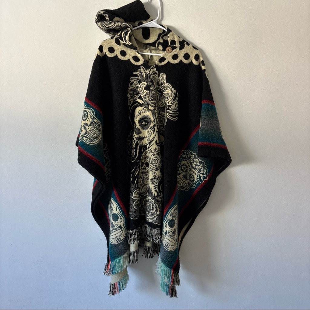 Black Poncho With Lady Catrina Design